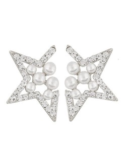 Pearl Inlaid Czech Rhinestone Lucky Star Fashion Ear Studs - Silver