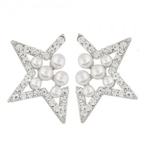 Pearl Inlaid Czech Rhinestone Lucky Star Fashion Ear Studs - Silver