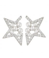 Pearl Inlaid Czech Rhinestone Lucky Star Fashion Ear Studs - Silver