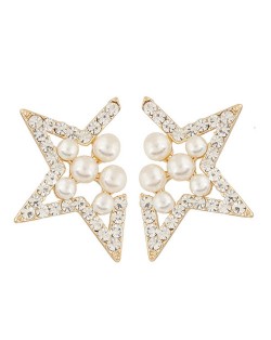 Pearl Inlaid Czech Rhinestone Lucky Star Fashion Ear Studs  - Golden