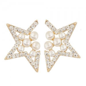 Pearl Inlaid Czech Rhinestone Lucky Star Fashion Ear Studs  - Golden