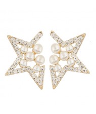 Pearl Inlaid Czech Rhinestone Lucky Star Fashion Ear Studs  - Golden