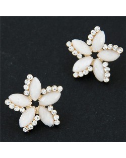 Czech Rhinestone Embellished Bauhinia Fashion Ear Studs - White