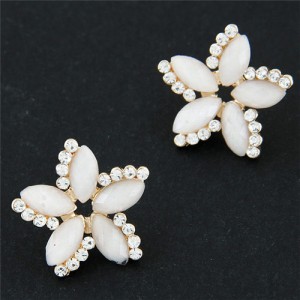 Czech Rhinestone Embellished Bauhinia Fashion Ear Studs - White