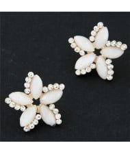 Czech Rhinestone Embellished Bauhinia Fashion Ear Studs - White