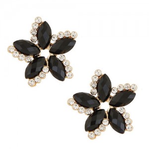 Czech Rhinestone Embellished Bauhinia Fashion Ear Studs - Black