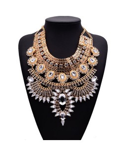 Gem Embellished Multi-layer Fashion Waterdrop Theme Chunky Costume Necklace - Golden with Transparent Gem