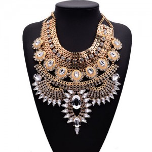 Gem Embellished Multi-layer Fashion Waterdrop Theme Chunky Costume Necklace - Golden with Transparent Gem