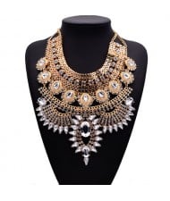 Gem Embellished Multi-layer Fashion Waterdrop Theme Chunky Costume Necklace - Golden with Transparent Gem