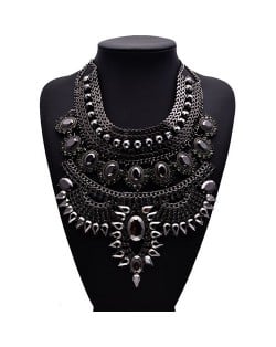 Gem Embellished Multi-layer Fashion Waterdrop Theme Chunky Costume Necklace - Gun Black with Black Gem
