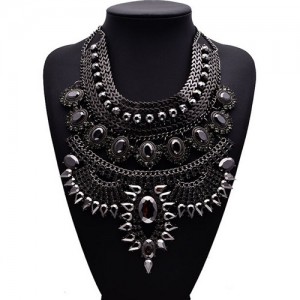Gem Embellished Multi-layer Fashion Waterdrop Theme Chunky Costume Necklace - Gun Black with Black Gem