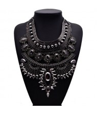 Gem Embellished Multi-layer Fashion Waterdrop Theme Chunky Costume Necklace - Gun Black with Black Gem