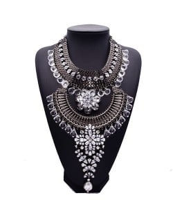 Rhinestone Embedded Flower Cluster Dual Arches Pendant Statement Fashion Necklace - Gun Black