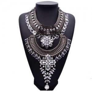 Rhinestone Embedded Flower Cluster Dual Arches Pendant Statement Fashion Necklace - Gun Black
