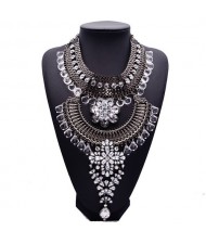 Rhinestone Embedded Flower Cluster Dual Arches Pendant Statement Fashion Necklace - Gun Black