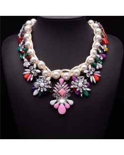 Resin Gems Flowers with Pearl Inlaid Rope Weaving Design Costume Necklace
