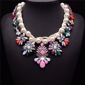 Resin Gems Flowers with Pearl Inlaid Rope Weaving Design Costume Necklace