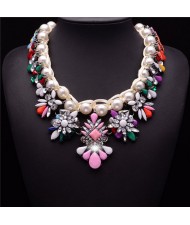 Resin Gems Flowers with Pearl Inlaid Rope Weaving Design Costume Necklace