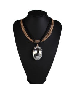 Large Oval White Gem Pendant Multiple Layers Black and Golden Chain Design Fashion Necklace