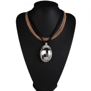 Large Oval White Gem Pendant Multiple Layers Black and Golden Chain Design Fashion Necklace
