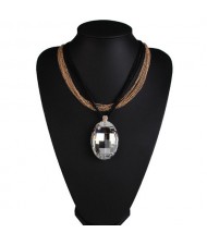 Large Oval White Gem Pendant Multiple Layers Black and Golden Chain Design Fashion Necklace