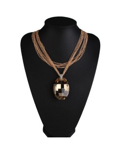 Large Oval Champagne Gem Pendant Multiple Layers Golden Chain Design Fashion Necklace