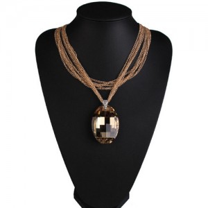 Large Oval Champagne Gem Pendant Multiple Layers Golden Chain Design Fashion Necklace