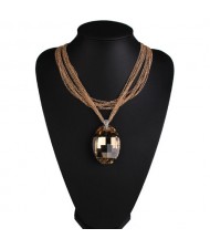 Large Oval Champagne Gem Pendant Multiple Layers Golden Chain Design Fashion Necklace