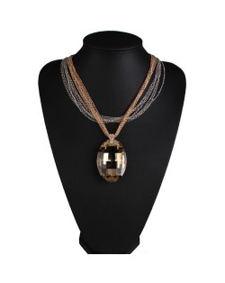 Large Oval Champagne Gem Pendant Multiple Layers Golden and Silver Chain Design Fashion Necklace
