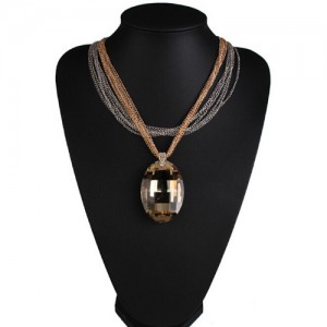 Large Oval Champagne Gem Pendant Multiple Layers Golden and Silver Chain Design Fashion Necklace