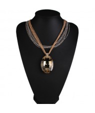 Large Oval Champagne Gem Pendant Multiple Layers Golden and Silver Chain Design Fashion Necklace