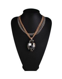 Large Oval Black Gem Pendant Multiple Layers Golden and Silver Chain Design Fashion Necklace