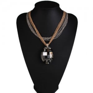 Large Oval Black Gem Pendant Multiple Layers Golden and Silver Chain Design Fashion Necklace