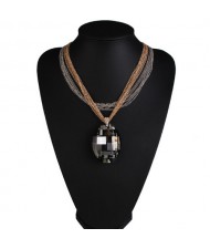 Large Oval Black Gem Pendant Multiple Layers Golden and Silver Chain Design Fashion Necklace