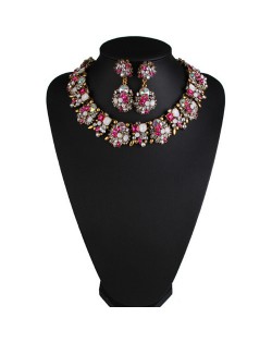 Classic Style Resin Gem Flowers Cluster Fashion Statement Fashion Necklace and Earrings Set - Rose