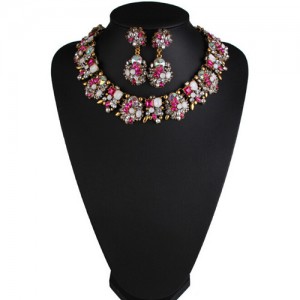Classic Style Resin Gem Flowers Cluster Fashion Statement Fashion Necklace and Earrings Set - Rose