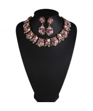 Classic Style Resin Gem Flowers Cluster Fashion Statement Fashion Necklace and Earrings Set - Rose
