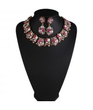 Classic Style Resin Gem Flowers Cluster Fashion Statement Fashion Necklace and Earrings Set - Rose