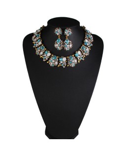 Classic Style Resin Gem Flowers Cluster Fashion Statement Fashion Necklace and Earrings Set - Lake Blue