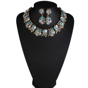 Classic Style Resin Gem Flowers Cluster Fashion Statement Fashion Necklace and Earrings Set - Lake Blue
