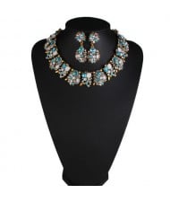 Classic Style Resin Gem Flowers Cluster Fashion Statement Fashion Necklace and Earrings Set - Lake Blue
