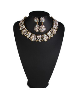 Classic Style Resin Gem Flowers Cluster Fashion Statement Fashion Necklace and Earrings Set - Colorful White