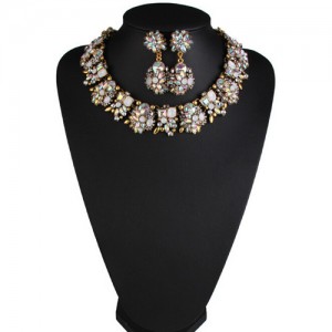 Classic Style Resin Gem Flowers Cluster Fashion Statement Fashion Necklace and Earrings Set - Colorful White