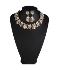 Classic Style Resin Gem Flowers Cluster Fashion Statement Fashion Necklace and Earrings Set - Colorful White