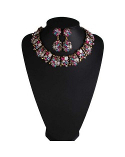 Classic Style Resin Gem Flowers Cluster Fashion Statement Fashion Necklace and Earrings Set - Multicolor