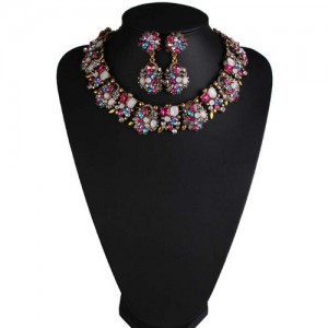 Classic Style Resin Gem Flowers Cluster Fashion Statement Fashion Necklace and Earrings Set - Multicolor