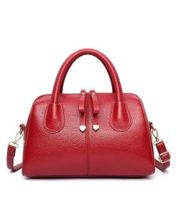 Belt Decorated Solid Color Women Leather Handbag/ Shoulder Bag - Red