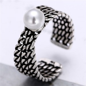 Pearl Inlaid Chain Style Vintage Silver Fashion Ring