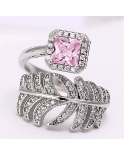 Luxurious Cubic Zirconia Embellished Feather Silver Fashion Ring