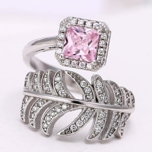 Luxurious Cubic Zirconia Embellished Feather Silver Fashion Ring